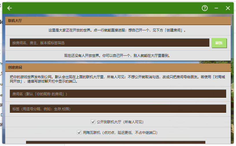 启动器联机大厅页面：上方是正在开放的房间列表与筛选框，下方是「创建房间」表单，含房间名、标签、公开到联机大厅与使用陶瓦联机两个勾选项。
